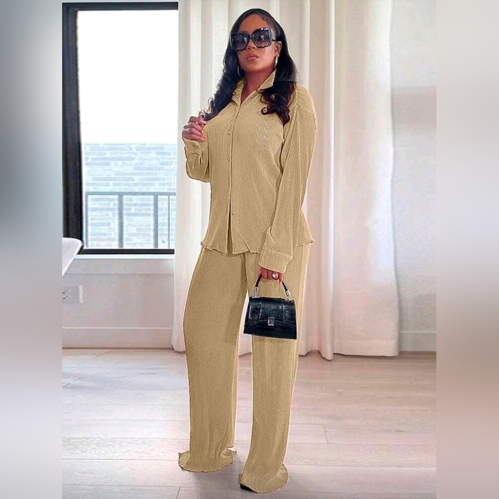 2pcs Stylish Casual Pleated Shirt And Comfortable Wide Leg Pants Women's Outfit